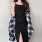 Long-sleeve Plaid Shirt / Slit Spaghetti-strap Dress