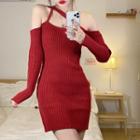 Halter-neck Off-shoulder Bodycon Knit Dress