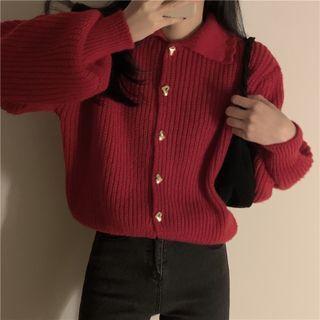 Plain Lapel Heart Button Knit Top Red - One Size