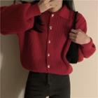Plain Lapel Heart Button Knit Top Red - One Size