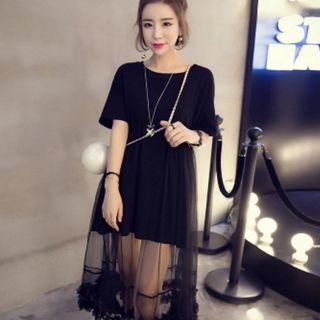Mesh Panel Short Sleeve Midi Dress