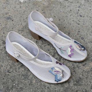 Embroidered Ankle-strap Mesh Flats
