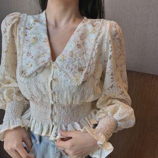 Long-sleeve Faux Pearl Lace Blouse