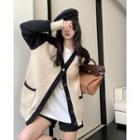 Two-tone Loose-fit Cardigan Beige & Black - One Size
