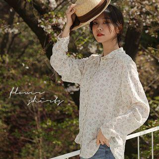 Frilled-collar Shirred Floral Blouse