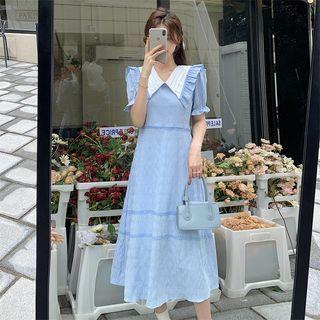Short-sleeve Contrast Collar Plaid Midi A-line Dress