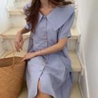 Short-sleeve Sailor Collared Pleated Dress Light Blue - One Size