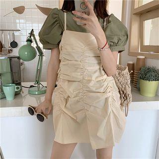 Puff-sleeve Top / Short-sleeve T-shirt / Spaghetti Strap Mini Crinkled Dress
