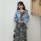 Cropped Denim Jacket / Zebra Print Long-sleeve A-line Midi Dress