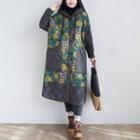 Quilted Floral Print Hooded Button Coat
