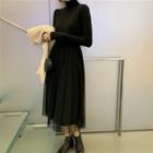 Turtleneck Long-sleeve Midi Mesh Dress Black - One Size