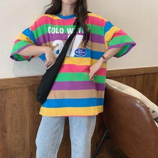 Letter Print Rainbow Striped Short Sleeve T-shirt