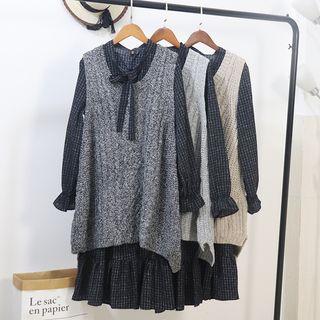 Long-sleeve Collared Tunic Dress + V-neck Crop Knit Vest