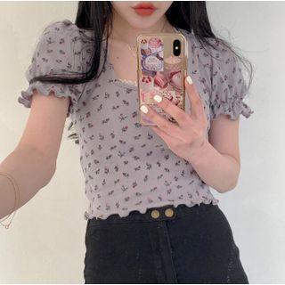 Floral Lettuce Edge Short-sleeve Cropped T-shirt Purple - One Size