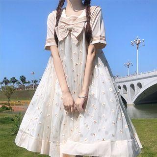 Sailor Collar Short-sleeve Floral Embroidered Midi A-line Dress