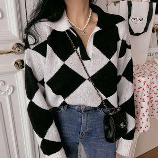 Two Tone Collared Knit Top Black & Gray - One Size