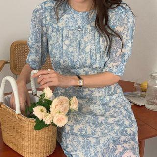 Short-sleeve Floral Print Midi Mermaid Dress Blue - One Size