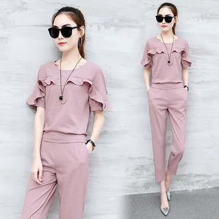 Set: Frill Trim Short-sleeve Top + Pants