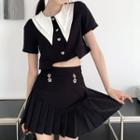 Short-sleeve Collar Top / Pleated Mini A-line Skirt