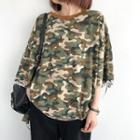 Elbow-sleeve Camouflage Print Distressed T-shirt