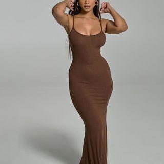 Spaghetti Strap Plain Ribbed-knit Bodycon Dress