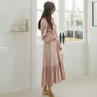 Puff-sleeve Shirred Maxi Satin Dress