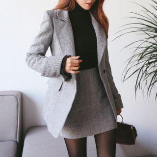 Set: Peaked-lapel Herringbone Blazer + Mini Skirt