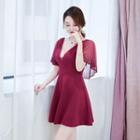 Elbow-sleeve Deep V-neck A-line Mini Dress