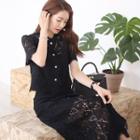 Set: Short-sleeve Buttoned Lace Top + Buttoned A-line Midi Lace Skirt