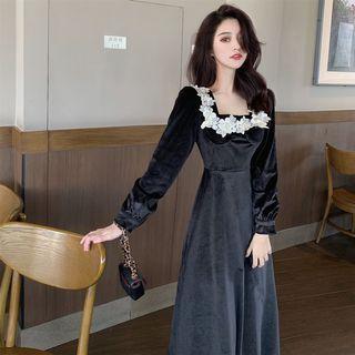 Embroider Floral Velvet A-line Dress
