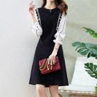 Mock Two-piece Puff-sleeve Contrast Trim Dress