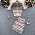 Set Of 2 : Round-neck Short-sleeve Knit Top + Argyle Skirt Pink - One Size