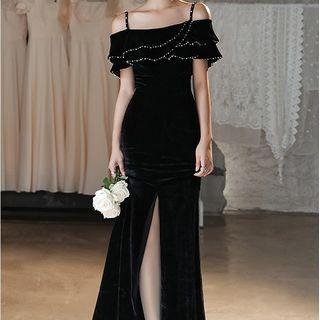 Ruffle Trim Sheath Evening Gown