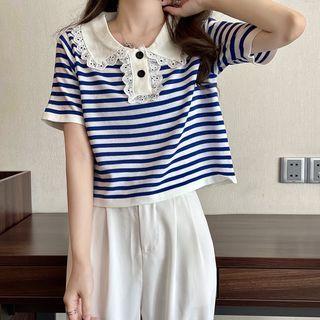 Lace Trim Striped Cropped Polo Shirt