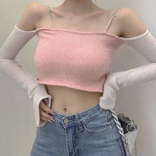 Cold-shoulder Two-tone Cropped Knit Top Pink - One Size