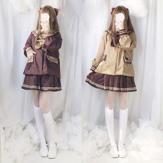 Sailor Collar Button Jacket / Striped Pleated Skirt / Set