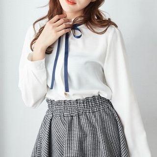 Bow Accent Long-sleeve Blouse Off-white - One Size