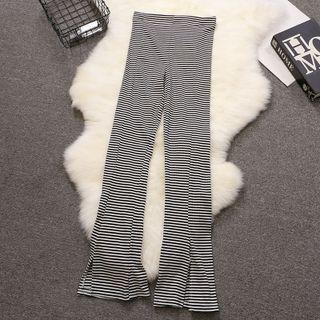 Striped Slit Boot-cut Pants Stripes - Black & White - One Size