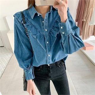 Faux-pearl Button Frill-trim Denim Shirt