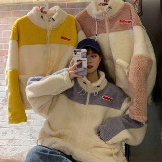 Mock Fleece Lined Drawstring Color Panel Long-sleeve Jacket