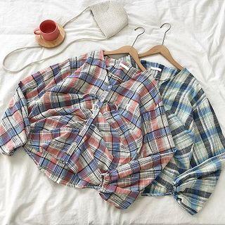 Single-breasted Plaid V-neck Puff-sleeve Blouse