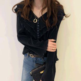 Layered-collar Button-trim Blouse