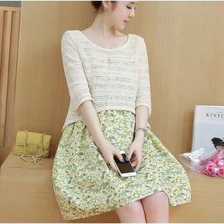 Set : Spaghetti Strap Dress + Elbow-sleeve Knit Top