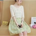 Set : Spaghetti Strap Dress + Elbow-sleeve Knit Top