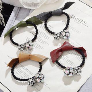 Faux Leather Bow Hair Tie With Rhinestone Charm