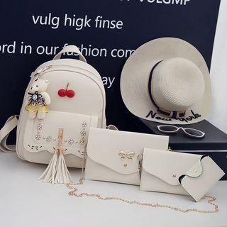 Set: Bear Faux Leather Tassel Backpack + Crossbody Bag + Coin Purse