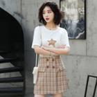 Set: Printed Short-sleeve T-shirt + Plaid A-line Skirt