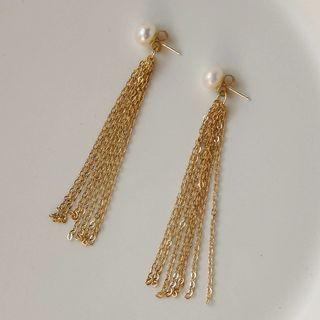 Beaded Fringed Drop Earring 1 Pair - 250 - White Faux Pearl - Gold - One Size