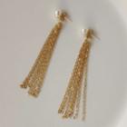 Beaded Fringed Drop Earring 1 Pair - 250 - White Faux Pearl - Gold - One Size