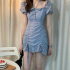 Balloon-sleeve Drawstring Chiffon Dress
